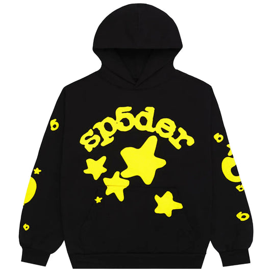 Hoodie Sp5der Beluga Negro y Amarillo