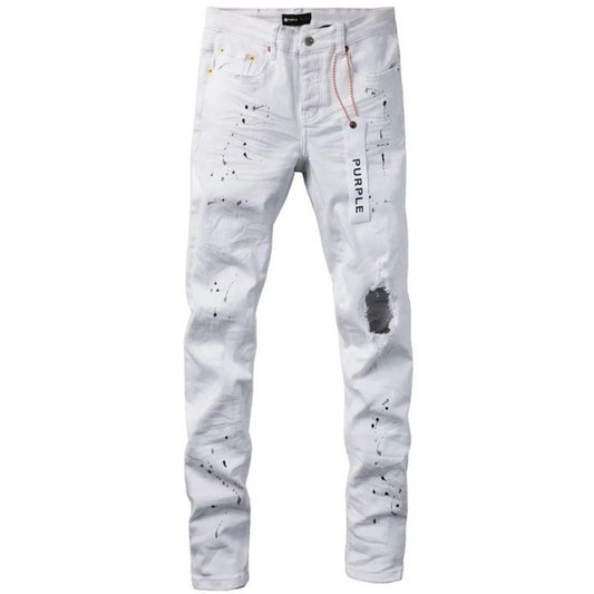 Jeans Ajustados Purple Brand Rotos y Salpicados 'Blanco'